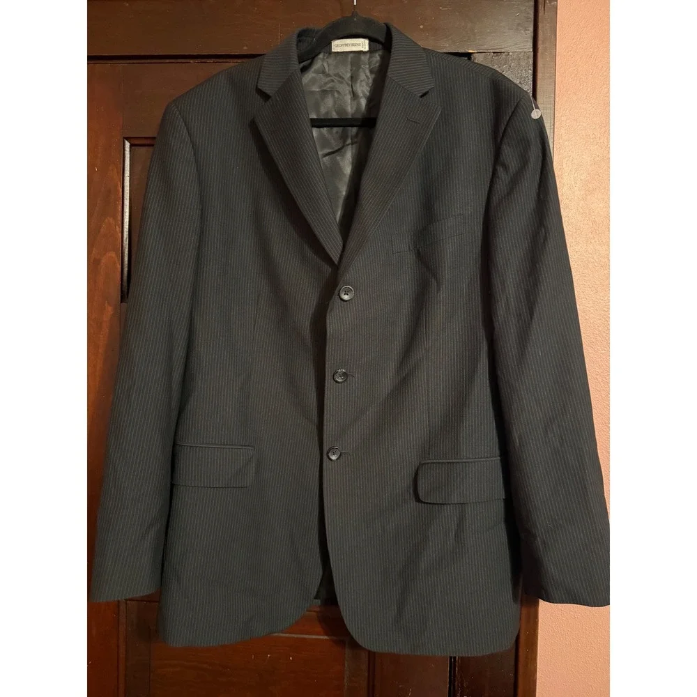 Geoffrey Beene Mens Pinstripe Blazer 3 Button Suit Jacket Black Grey 44R J0445